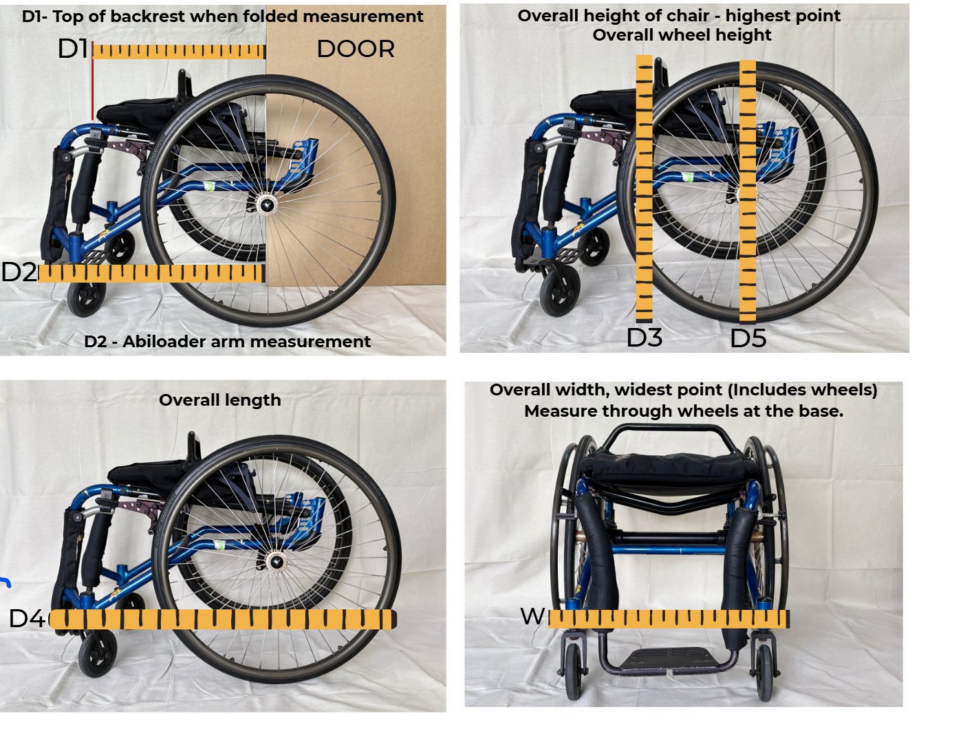 Where to measure D1, D2, D3, D4, D5 and W on a wheelchair