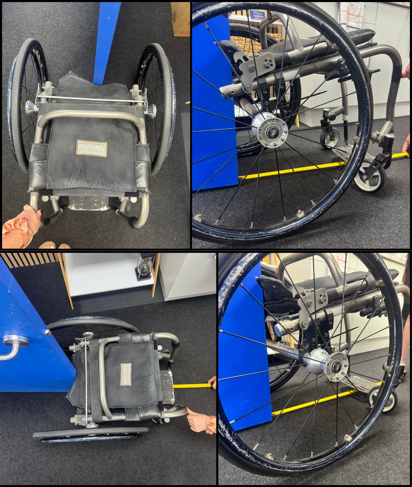 Measuring D2, the Abiloader arm measurement, with the chair folded against a board